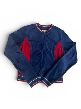 silence + noise Velour Colorblock Zip-Up Bomber Jacket MEDIUM Blue Red